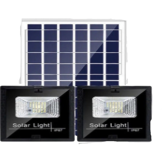 Set 2 proiectoare LED SMD 30W cu incarcare solara Smart, panou solar, cu telecomanda, suport prindere, material ABS, 1.2AH, 200LED-uri, 13x13.5 cm, negru