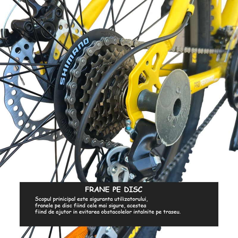 Bicicleta Ninety ONE Viper, 26 inch, frane pe disc, schimbator Shimano, 21 de viteze, suspensie fata, cadru otel, galbena