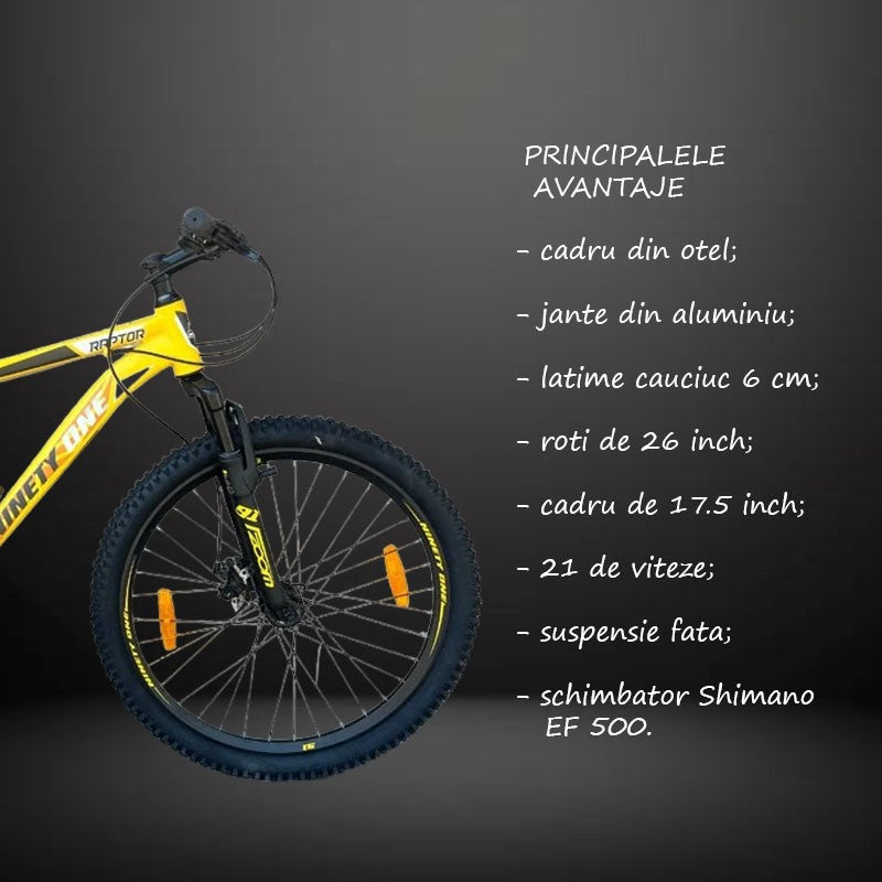 Bicicleta Ninety ONE Viper, 26 inch, frane pe disc, schimbator Shimano, 21 de viteze, suspensie fata, cadru otel, galbena
