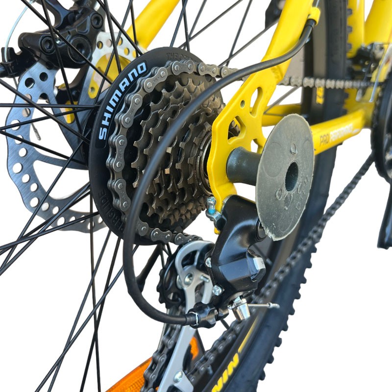 Bicicleta Ninety ONE Viper, 26 inch, frane pe disc, schimbator Shimano, 21 de viteze, suspensie fata, cadru otel, galbena