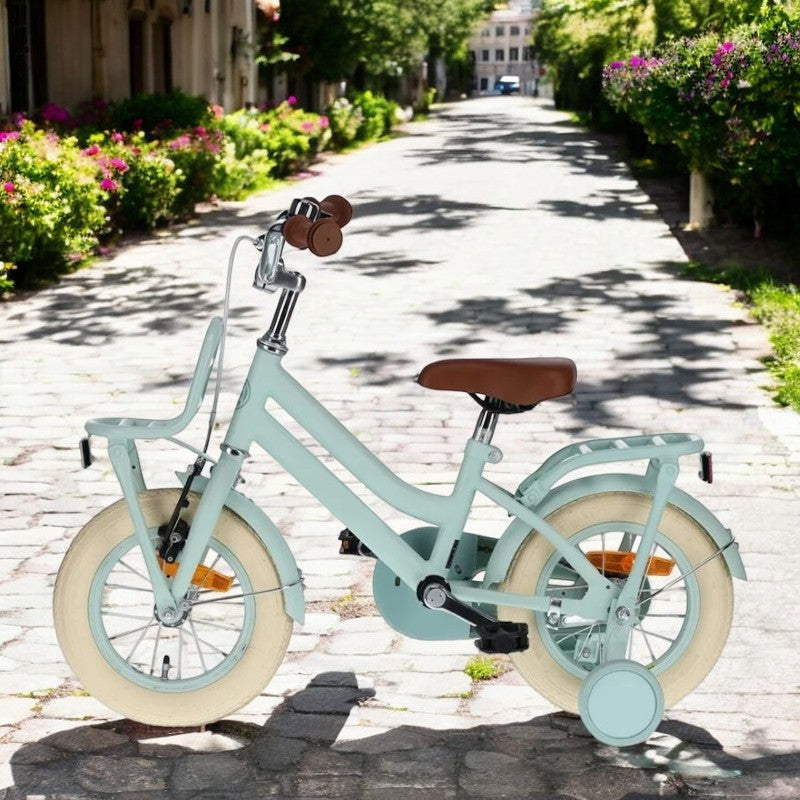 Bicicleta copii, 12 inch, frana V-brake, jante aluminiu, cadru otel, roti ajutatoare, verde, Bella Bike