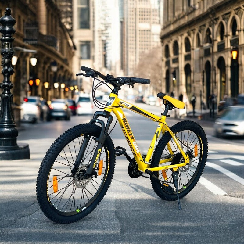 Bicicleta Ninety ONE Viper, 26 inch, frane pe disc, schimbator Shimano, 21 de viteze, suspensie fata, cadru otel, galbena