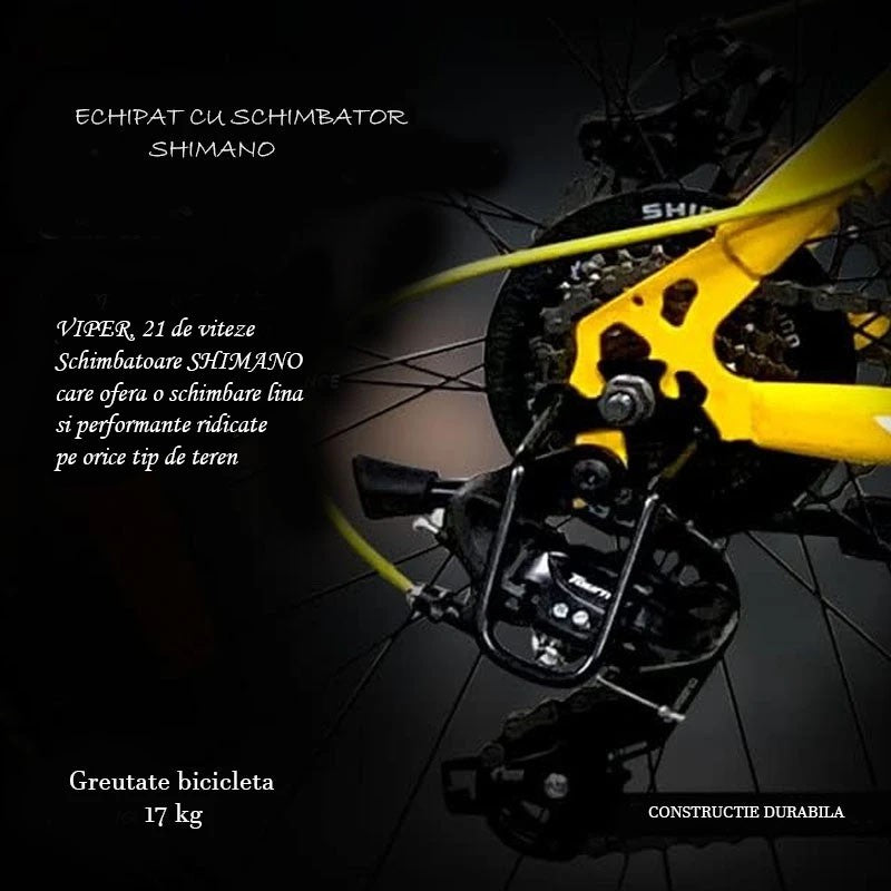 Bicicleta Ninety ONE Viper, 26 inch, frane pe disc, schimbator Shimano, 21 de viteze, suspensie fata, cadru otel, galbena