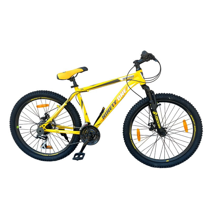 Bicicleta Ninety ONE Viper, 26 inch, frane pe disc, schimbator Shimano, 21 de viteze, suspensie fata, cadru otel, galbena