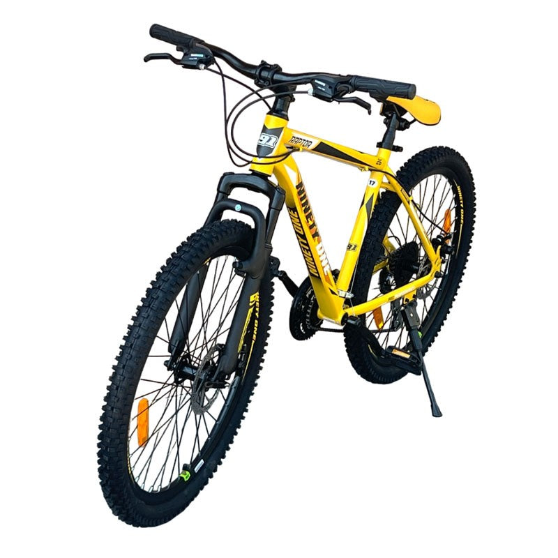 Bicicleta Ninety ONE Viper, 26 inch, frane pe disc, schimbator Shimano, 21 de viteze, suspensie fata, cadru otel, galbena