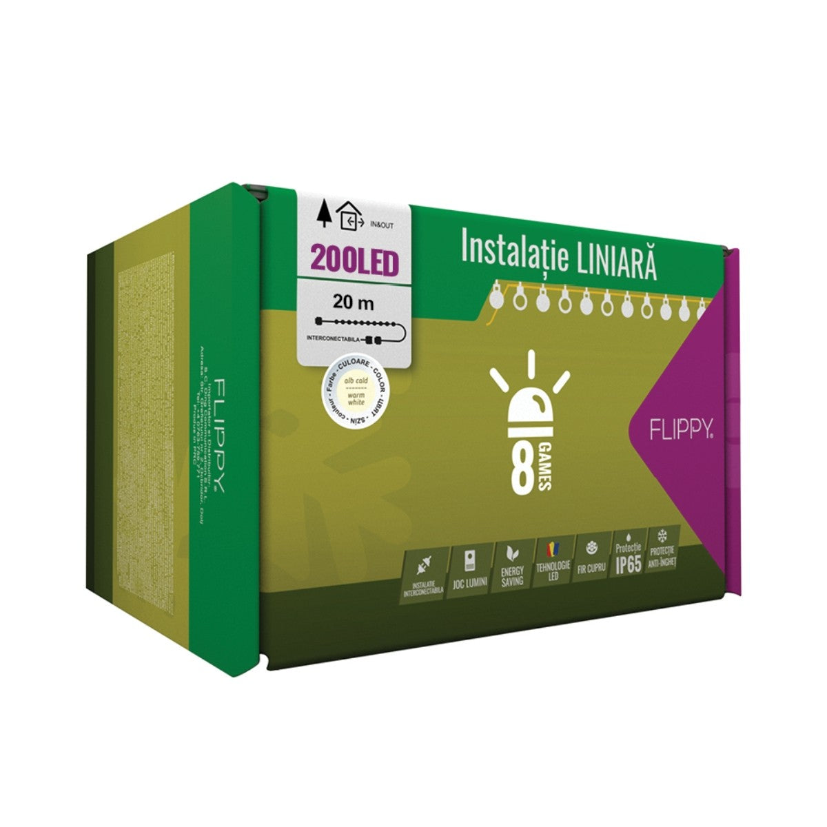 Instalatie Craciun Profesionala de Exterior IP65, 50 m, 500 Led-uri Mari ,Liniara, Alb cald, Interconectabila, Prelungitor 6.5 m inclus, Fir Negru, Smart