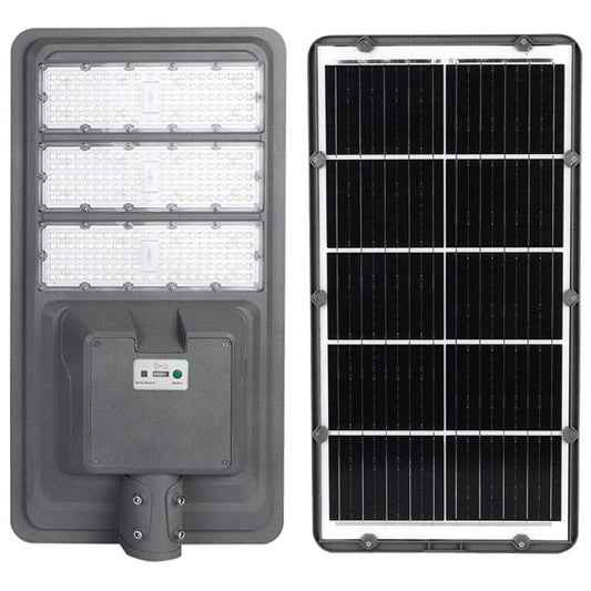 Lampa solara stradala Smart, IP65, senzor de lumina, 306 LED-uri SMD, 3000 lm, panou 40W, putere 300W, autonomie 12-16 ore, telecomanda, montare prin fixare, pentru strada sau gradina, finisaj mat, material ABS, 70.3 x 36.5 x8.7 cm, lumina alb rece, gri