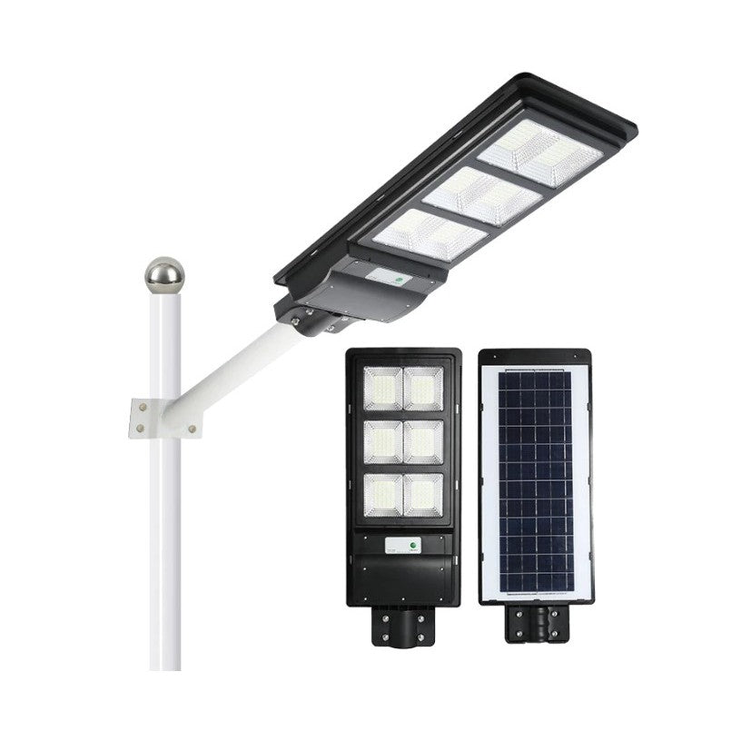 Lampa solara stradala Smart, cu telecomanda, senzor de miscare si lumina, suport prindere, 135 LED-uri, IP65, ABS, 8AH, 100W, temperatura culoare 6500K, 48.5x22x6.8 cm, autonomie 10-12 ore, negru