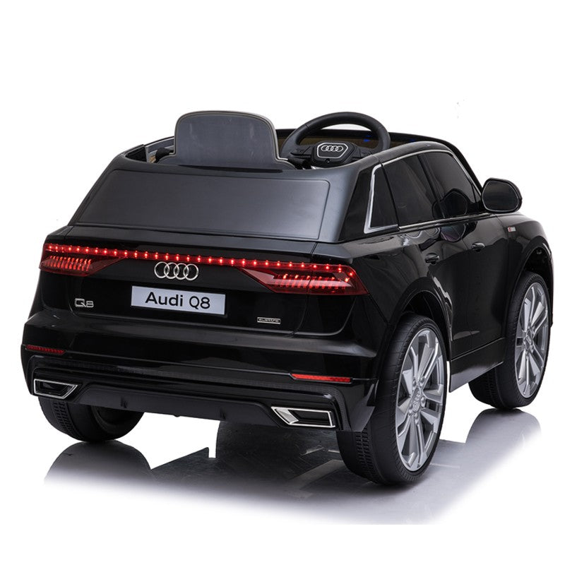 Masinuta electrica Audi Q8, USB, MP3, lumini LED, suspensii spate, roti spuma EVA, 2 moduri de control, negru