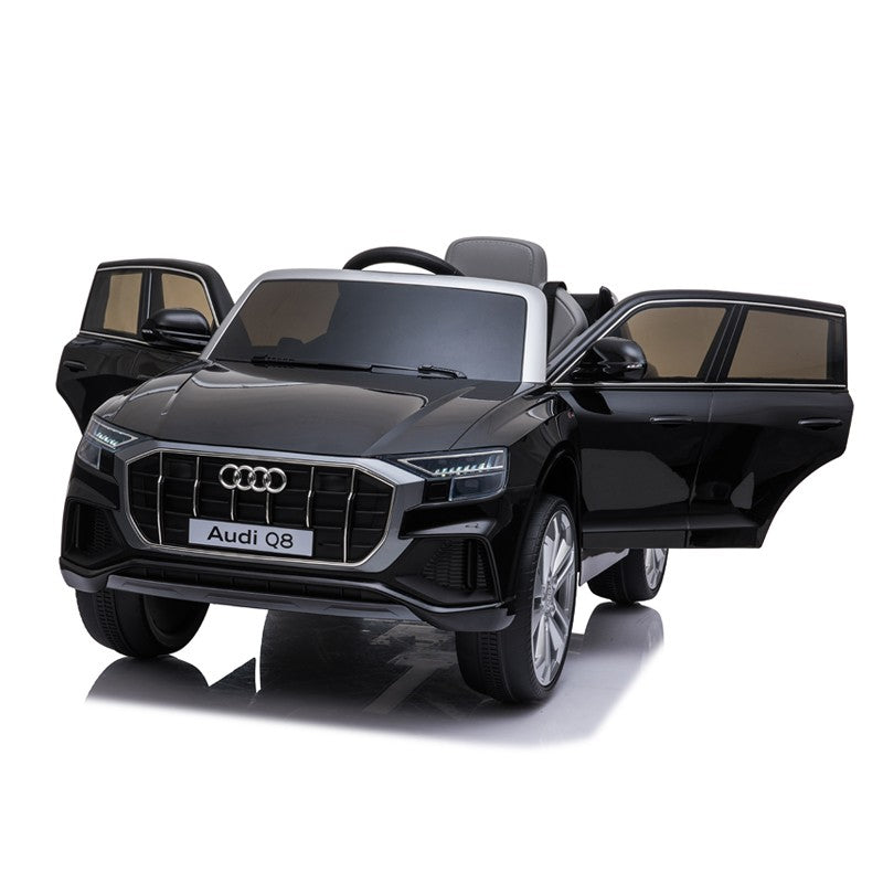 Masinuta electrica Audi Q8, USB, MP3, lumini LED, suspensii spate, roti spuma EVA, 2 moduri de control, negru