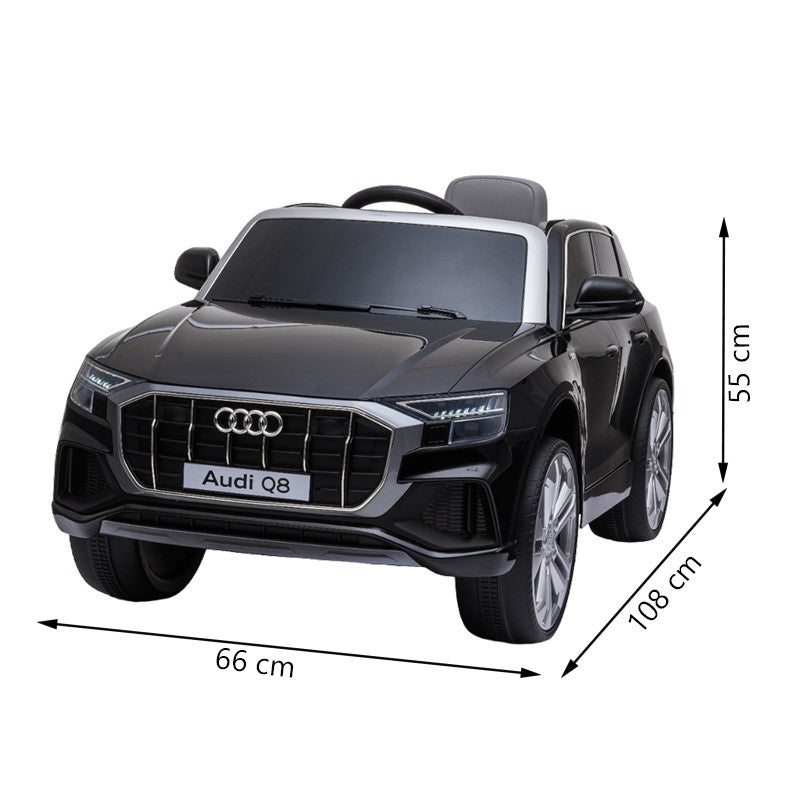 Masinuta electrica Audi Q8, USB, MP3, lumini LED, suspensii spate, roti spuma EVA, 2 moduri de control, negru