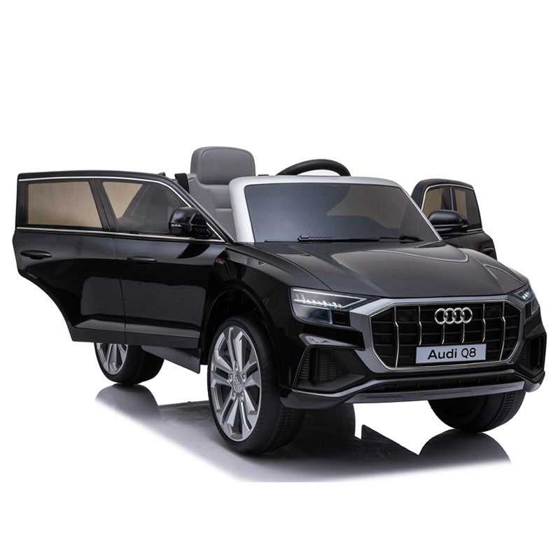 Masinuta electrica Audi Q8, USB, MP3, lumini LED, suspensii spate, roti spuma EVA, 2 moduri de control, negru