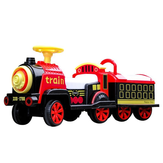 Masinuta Electrica Smart, Tip Trenulet cu Vagon Detasabil, Pentru 2 Persoane,cu Telecomanda, Lumini si Sunete, Locomotiva cu Vapori de Abur, 1-6 Ani, 46 x 33 x 72 cm, Rosu
