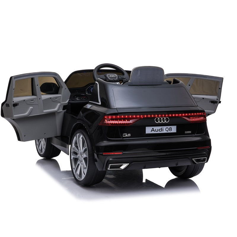 Masinuta electrica Audi Q8, USB, MP3, lumini LED, suspensii spate, roti spuma EVA, 2 moduri de control, negru
