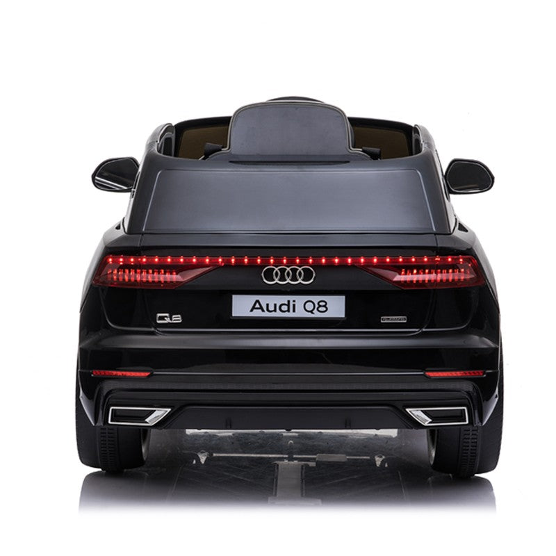 Masinuta electrica Audi Q8, USB, MP3, lumini LED, suspensii spate, roti spuma EVA, 2 moduri de control, negru