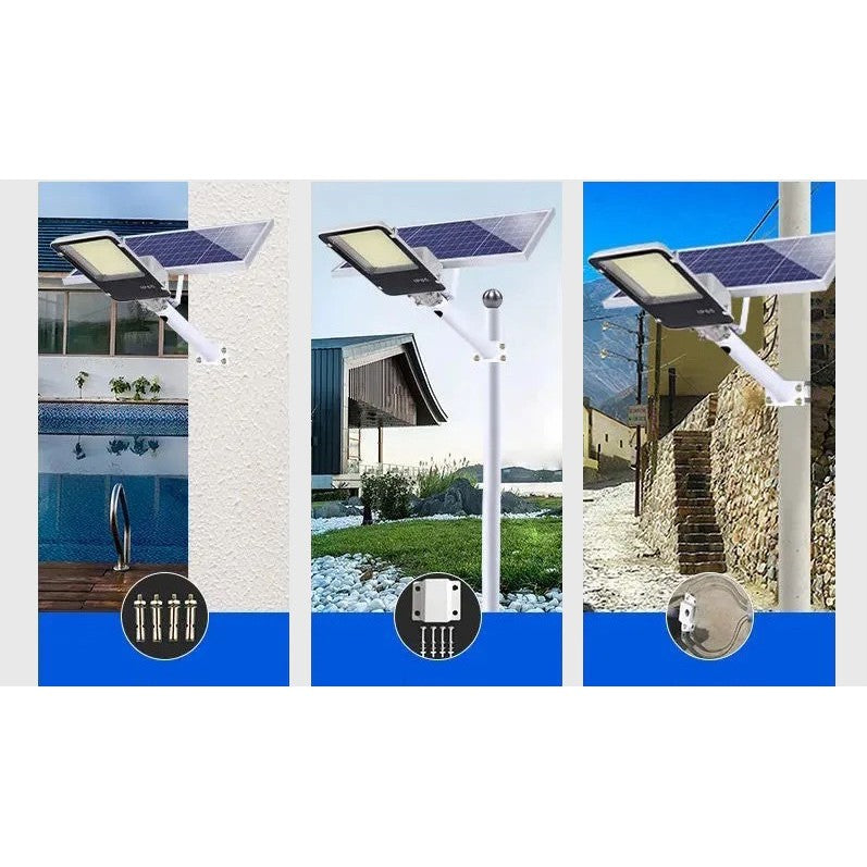 Proiector LED pentru stalp, casa, perete cu suport metalic inclus, Smart, 38,5 cm x 14,2 cm, Rezistent la Apa IP65, cu Panou Solar, 240 COB LED, 100 W, Senzor de lumina, Timer, cu Telecomanda, intensitate reglabila, kit montaj inclus, Lumina Rece