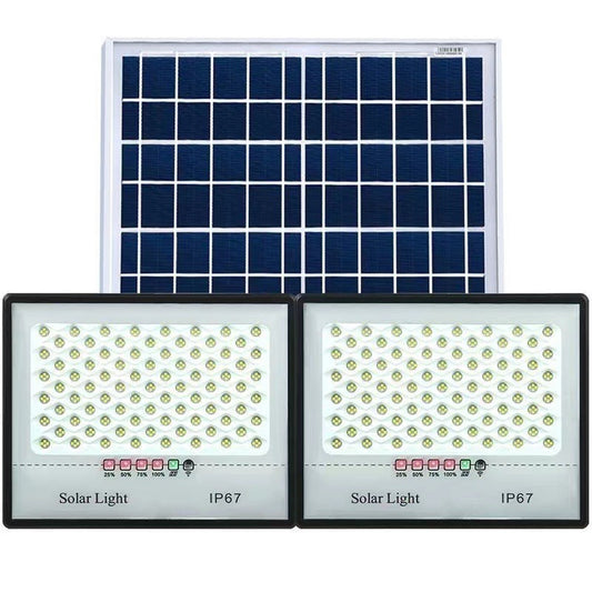 Set 2 proiectoare LED cu Panou Solar Smart, Senzor de miscare, Telecomanda, Waterproof, 322*2 LED-uri incorporate, 200W, 30*24 cm, IP67, Design Modern, Negru