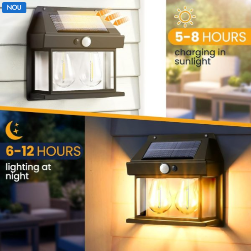 2+1 GRATIS Lampă Solară de Perete cu Senzor de Lumină și Mișcare – Design Felinar cu 2 Becuri