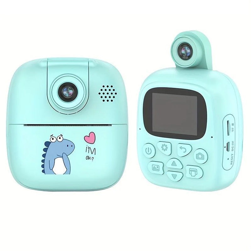 Set Camera Instantanee pentru Copii, Smart, Camera 180° Selfie, Ecran HD 2'', 24MP, 720P Video, 1200 mAh, cu Functie de Printare Alb-Negru, cablu USB-C, Bluetooth, Compatibil iOS/Android, Imprimare APP, Model Dino, Turcoaz