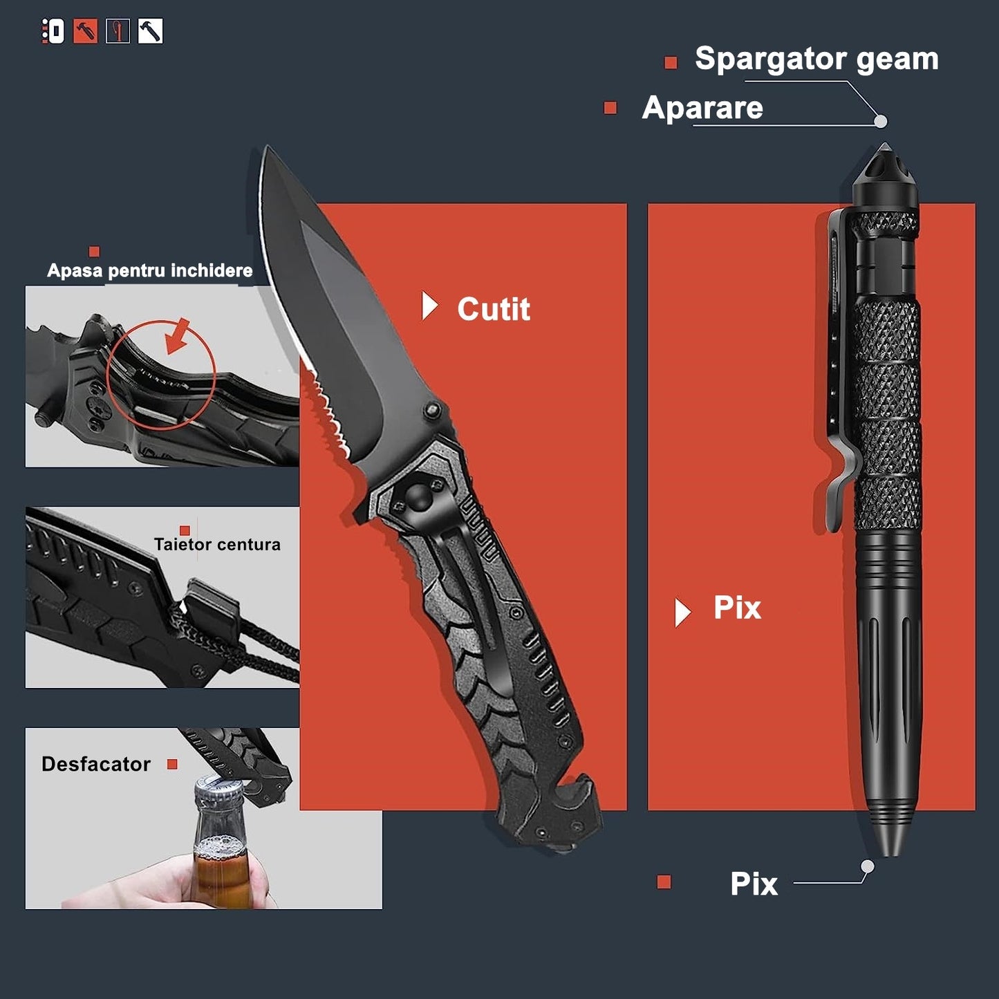 Kit supravietuire multifunctional Smart, Instrumente profesionale, Agatatoare ghiozdan, pentru Camping, Drumetii, Aventuri in aer liber, borseta inclusa, gri