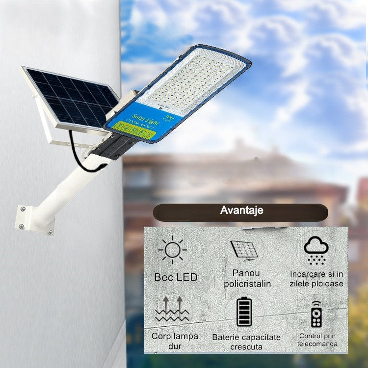 Lampa solara stradala Smart, IP66, senzor de lumina, 240 LED-uri SMD, 3200 lm, panou 35W, putere 400W, autonomie 12-16 ore, telecomanda, montare prin fixare, pentru strada sau gradina, finisaj mat, material ABS,  49 x 21 x 5.5 cm, gri