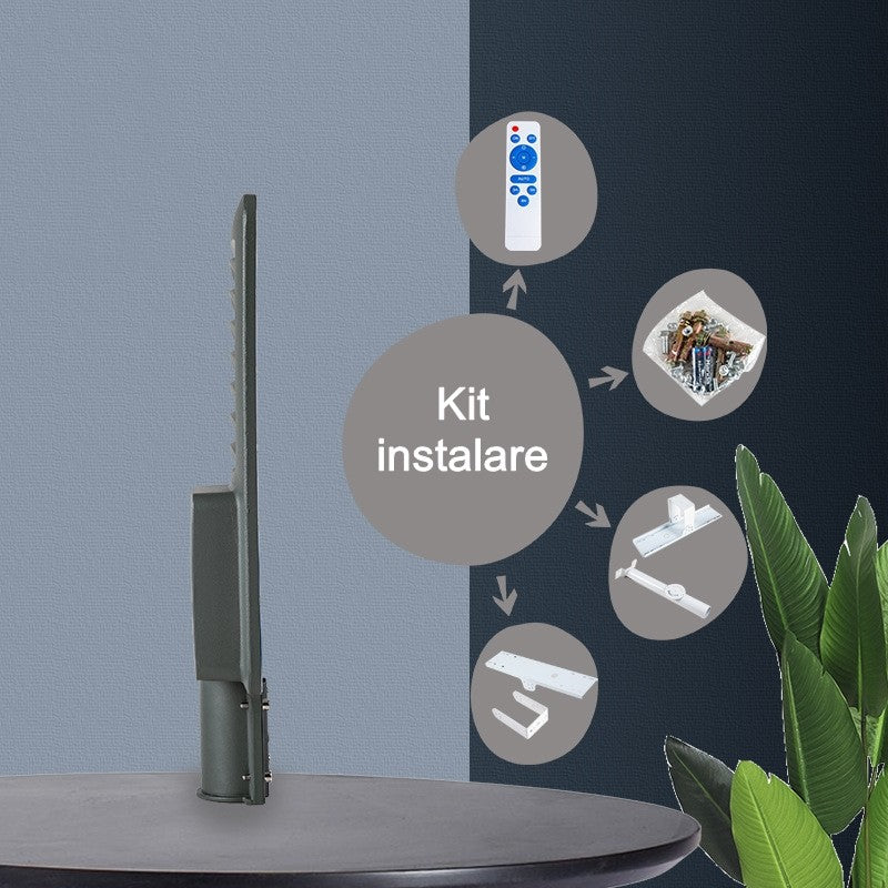 Lampa solara stradala Smart, IP66, senzor de lumina, 240 LED-uri SMD, 3200 lm, panou 35W, putere 400W, autonomie 12-16 ore, telecomanda, montare prin fixare, pentru strada sau gradina, finisaj mat, material ABS,  49 x 21 x 5.5 cm, gri