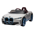 Masinuta electrica BMW I4, 2X25W, Bluetooth, MP3, lumini LED fata-spate, suspensii, roti spuma EVA, scaun maro