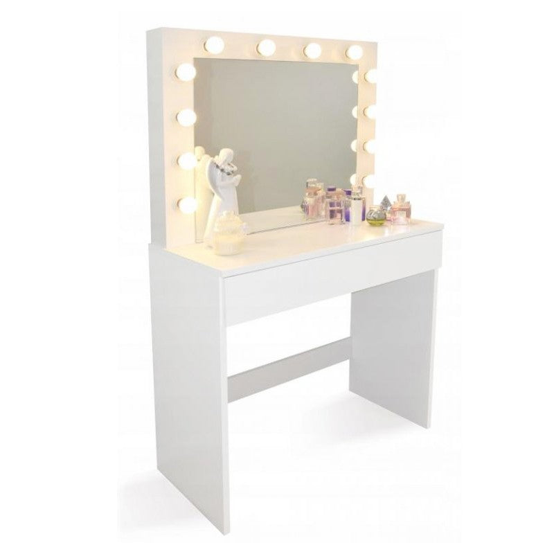 Masa de toaleta Hollywood, oglinda iluminata 12 LED-uri alb cald, sertar depozitare, placi MDF, 80x40x140 cm, alba