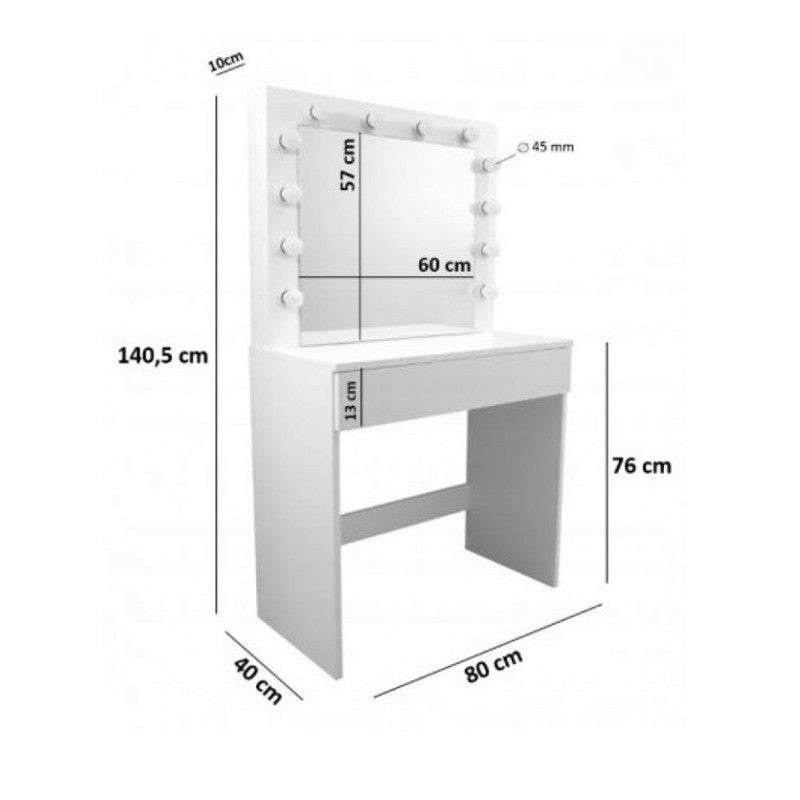 Masa de toaleta Hollywood, oglinda iluminata 12 LED-uri alb cald, sertar depozitare, placi MDF, 80x40x140 cm, alba