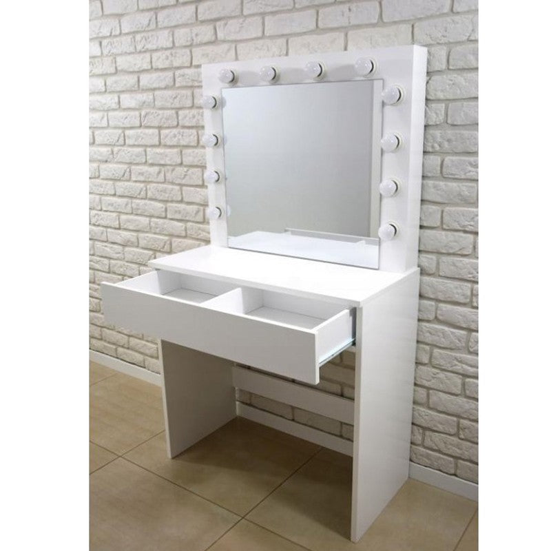 Masa de toaleta Hollywood, oglinda iluminata 12 LED-uri alb cald, sertar depozitare, placi MDF, 80x40x140 cm, alba