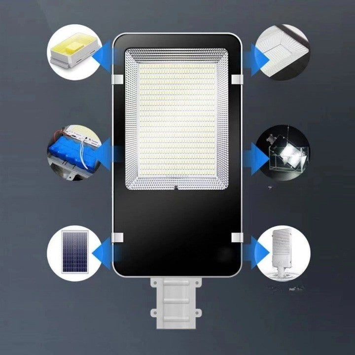 Proiector LED pentru stalp, casa, perete cu suport metalic inclus, Smart, 38,5 cm x 14,2 cm, Rezistent la Apa IP65, cu Panou Solar, 240 COB LED, 100 W, Senzor de lumina, Timer, cu Telecomanda, intensitate reglabila, kit montaj inclus, Lumina Rece