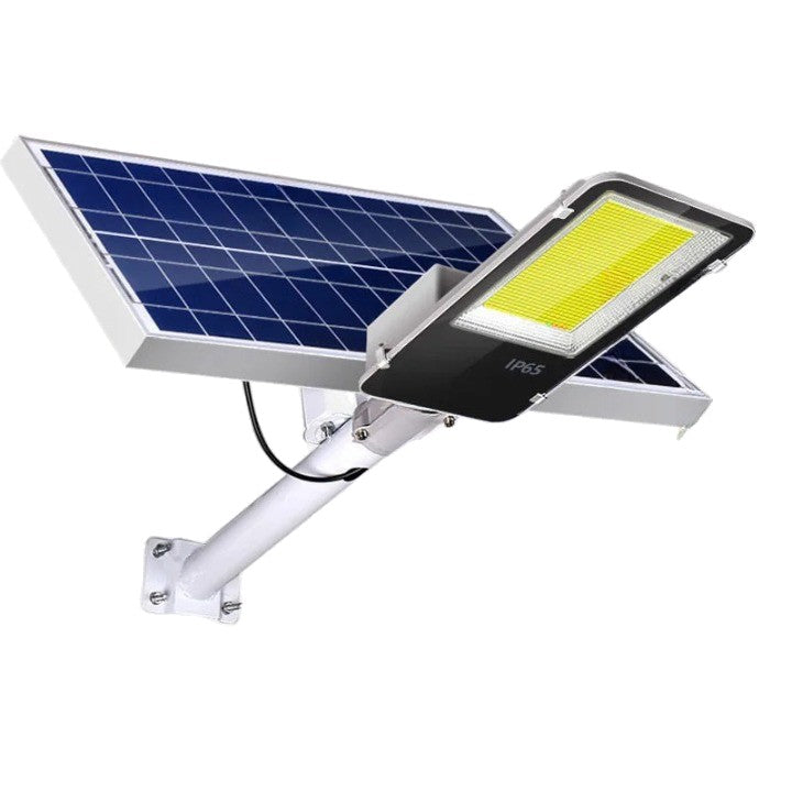 Proiector LED pentru stalp, casa, perete cu suport metalic inclus, Smart, 38,5 cm x 14,2 cm, Rezistent la Apa IP65, cu Panou Solar, 240 COB LED, 100 W, Senzor de lumina, Timer, cu Telecomanda, intensitate reglabila, kit montaj inclus, Lumina Rece