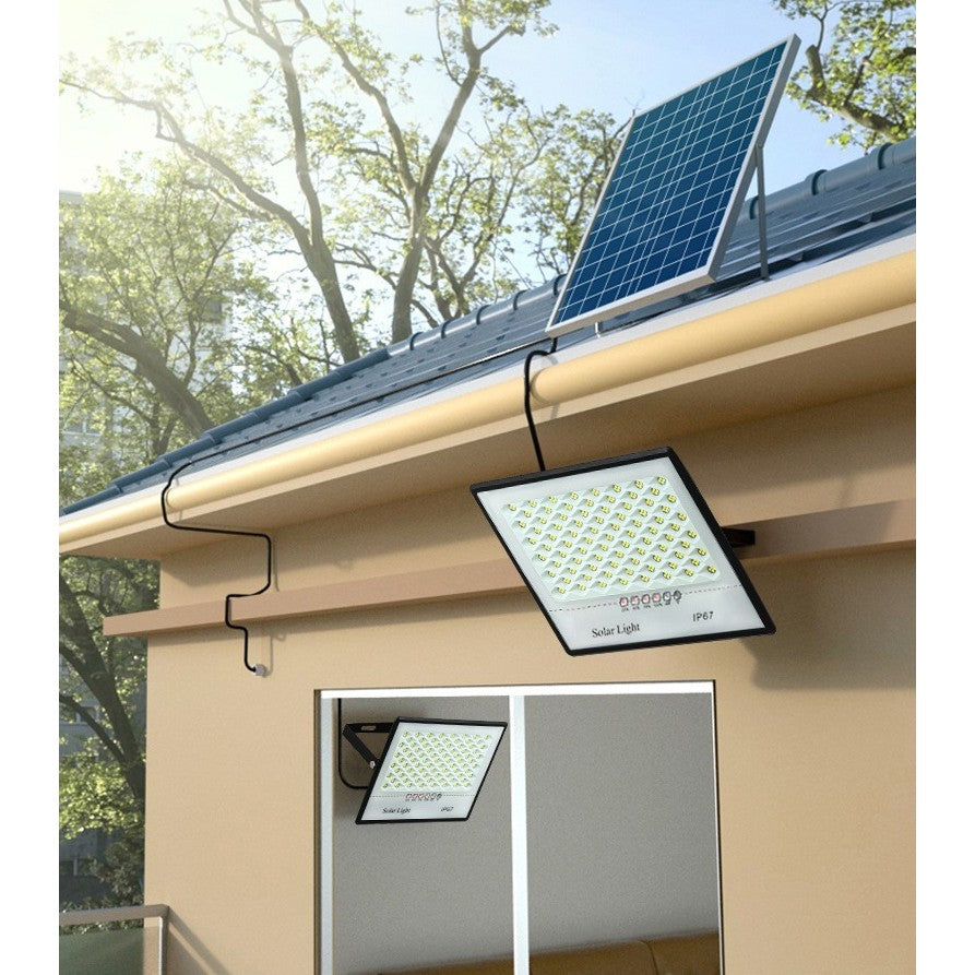 Set 2 proiectoare LED cu Panou Solar Smart, Senzor de miscare, Telecomanda, Waterproof, 200 LED-uri incorporate, 65W, 24x18 cm, IP67, Design Modern, Negru