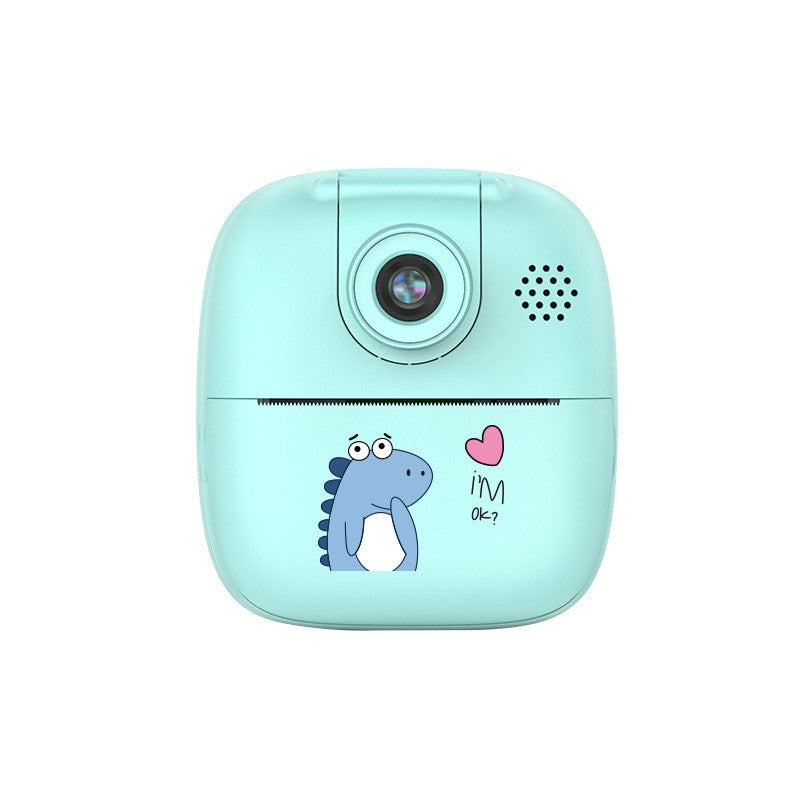 Set Camera Instantanee pentru Copii, Smart, Camera 180° Selfie, Ecran HD 2'', 24MP, 720P Video, 1200 mAh, cu Functie de Printare Alb-Negru, cablu USB-C, Bluetooth, Compatibil iOS/Android, Imprimare APP, Model Dino, Turcoaz