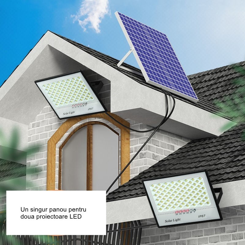 Set 2 proiectoare LED cu Panou Solar Smart, Senzor de miscare, Telecomanda, Waterproof, 322*2  LED-uri incorporate, 200W, 30*24 cm, IP67, Design Modern, Negru