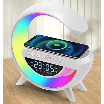 Lampa led CU incarcare wireless si boxa BT, +ceas si radio