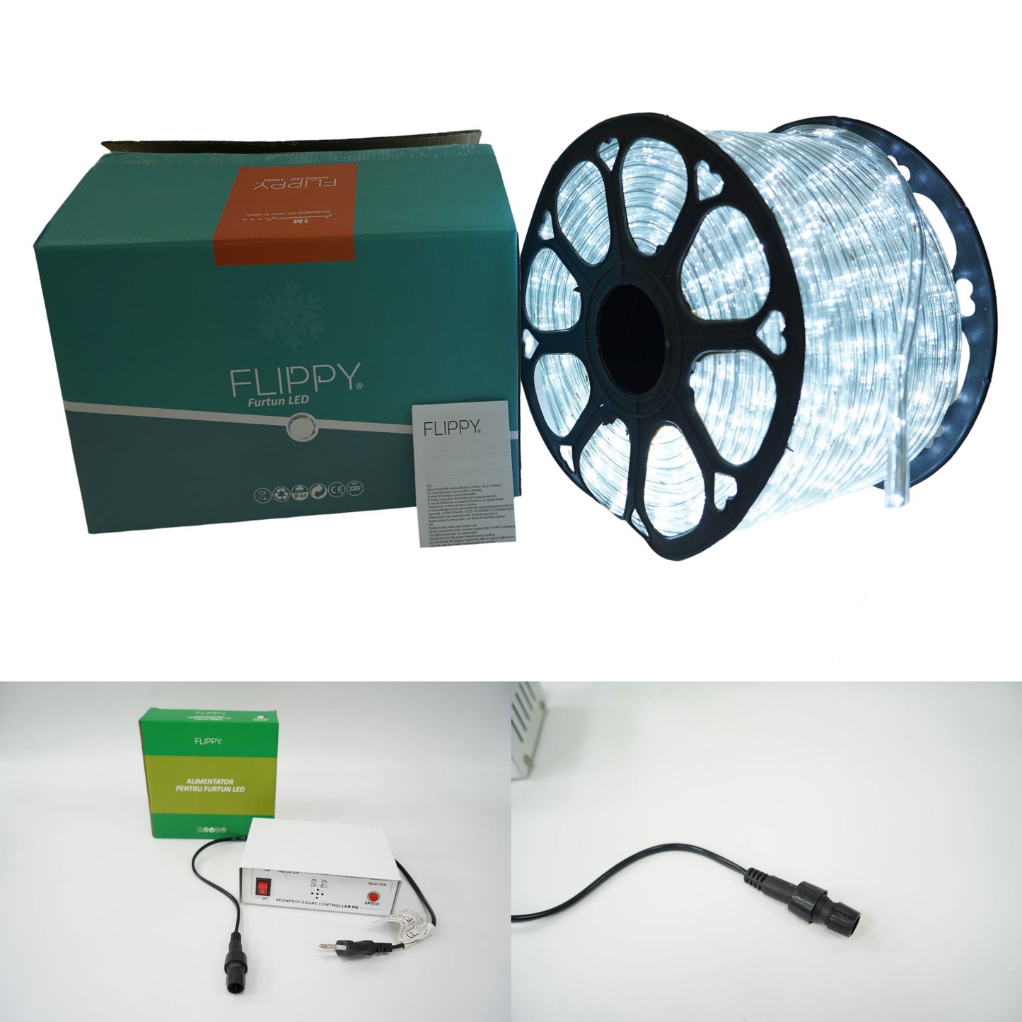Instalatie Craciun, 100 m, 2400 Led-uri, Furtun Luminos, Alb rece, Transformator, 8 jocuri de lumini, Sectionabila, 220 V, Smart