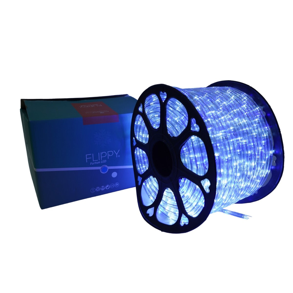 Instalatie Craciun, 100 m, 2400 Led-uri, Furtun Luminos, Alb rece/ Albastru, Transformator, 8 jocuri de lumini, Sectionabila, 220 V, Smart