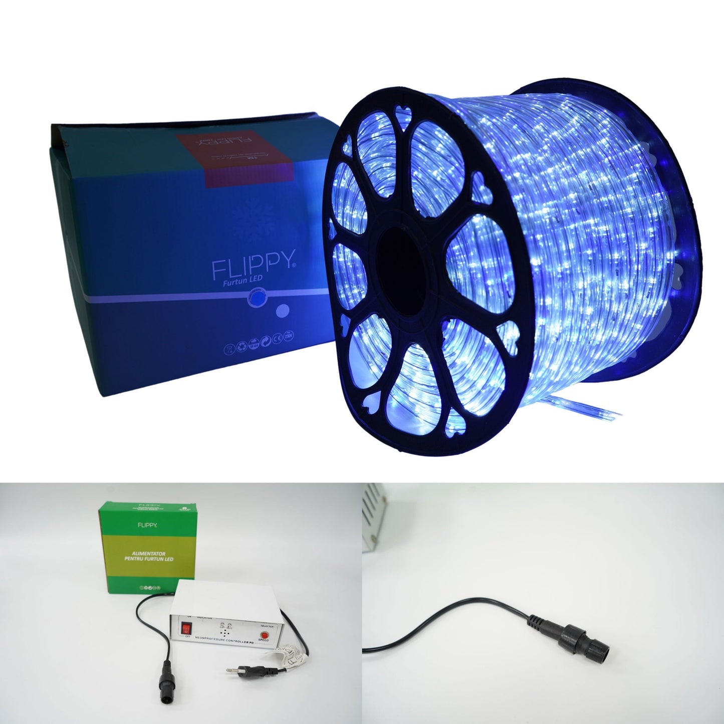 Instalatie Craciun, 100 m, 2400 Led-uri, Furtun Luminos, Alb rece/ Albastru, Transformator, 8 jocuri de lumini, Sectionabila, 220 V, Smart