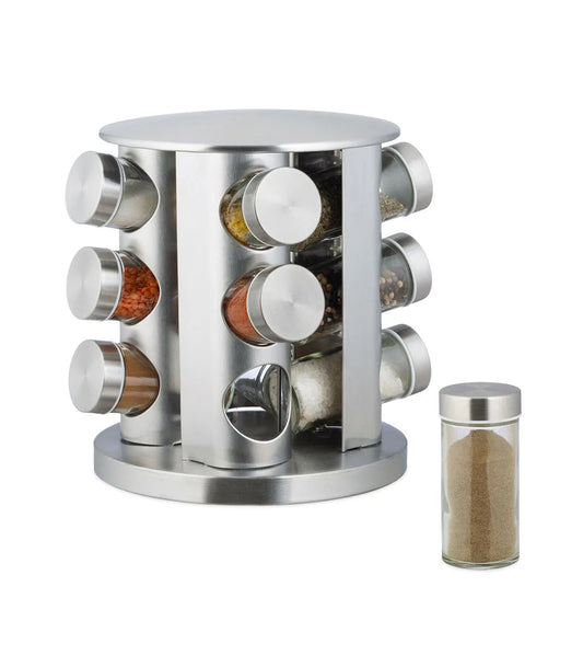 Set recipiente Condimente, 12 piese, suport rotativ din inox ideal in bucatarie